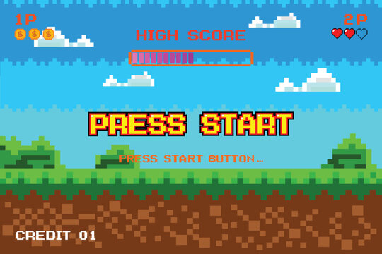 PRESS START. press start button. Pixel Game Background Natural Landscape with Blue Sky, Trees and Green Grass Pixel 8-Bit Video Game