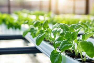 Smart greenhouse interior with automated irrigation systems and hydroponic plants under LED lights

