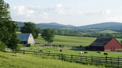 A serene dairy farm with cows grazing in lush green pastures
