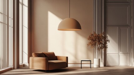 Dramatic oversized hanging lamp, spacious living room, 3D illustration