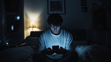 Fototapeta premium A person sitting alone in a dark room, staring intensely at their phone, completely absorbed and isolated, representing digital addiction.