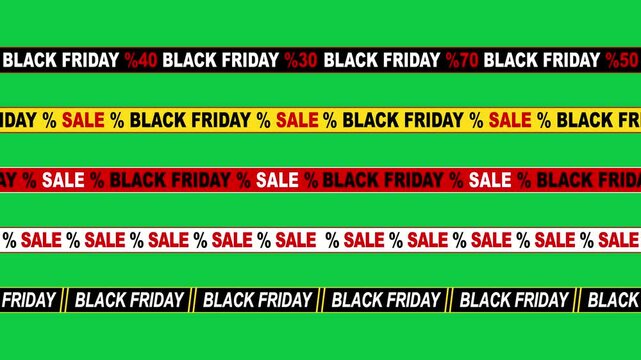 set of black friday, sale and mega sale red ribbons on green background loop animation, isolated sale tapes shopping and promotion design element