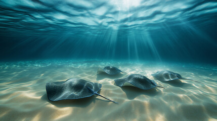 Fototapeta premium A group of rays gliding effortlessly over the sandy ocean bottom, their broad, flat bodies creating gentle ripples in the water as sunlight streams down from above 