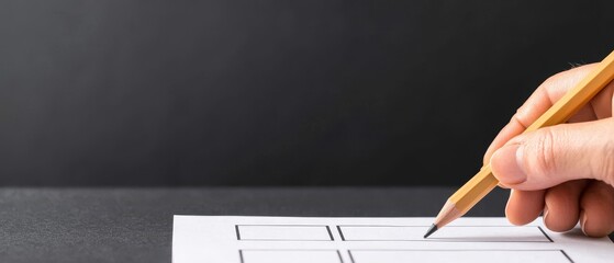 Hand gripping a pencil, marking a selection on an official ballot form, voter decision, active participation