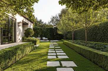 A side view of the backyard with green grass, small white stones on the lawn leading to the front door and white walls, garden bushes, trees, house exterior