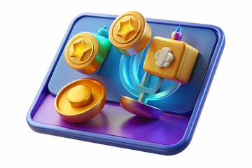 3D Glossy Tablet with Glowing Holographic Dreidel & Hanukkah Gelt on Isolated White Background - Ideal for Festive Ecommerce Promotions & Copy Space