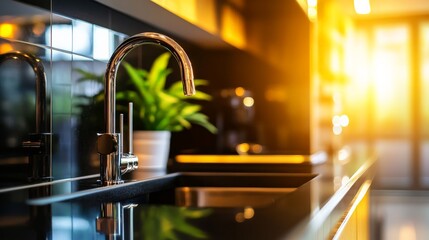 Modern kitchen interior with sleek countertop, stainless steel faucet, and vibrant sunlight. Perfect for home and design inspiration.