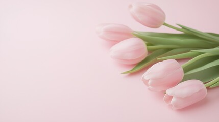 A delicate arrangement of soft pink tulips lying on a matching pink background, creating a beautiful and serene composition. Perfect for spring-themed designs, floral decorations, or greeting cards.