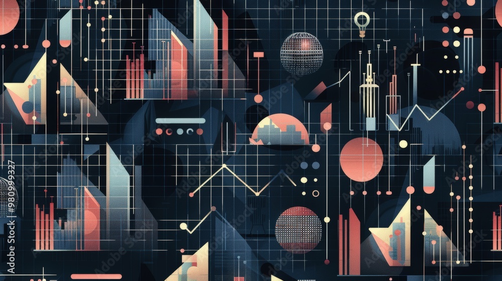 Poster this pattern features a repeating design of abstract business graphs and charts
