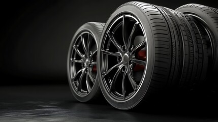A close-up view of sleek, modern car wheels stacked together, showcasing their design and tread patterns.
