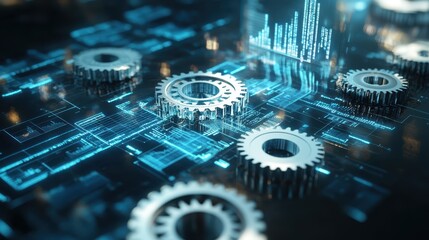 Floating business plan with digital charts and gears, futuristic desk, 3D illustration