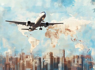 Airplane Flying Over Cityscape with World Map Overlay