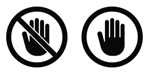 Stop hand and palm in circle vector icon set. Do not touch with hands Prohibitory sign. Black silhouette isolated on white background.