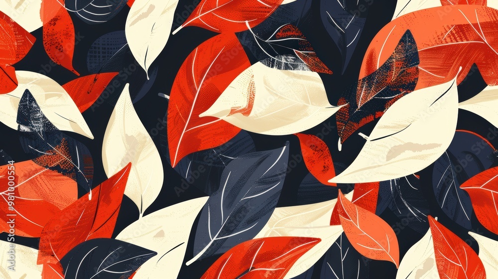 Poster this pattern features a series of abstract leaf shapes with bold colors and dynamic arrangements.