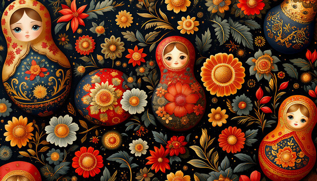 Matryoshka dolls and flowers on a black background