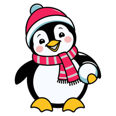 Cute Penguin with Scarf and Beanie Holding Snowball