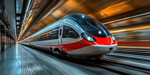 Fototapeta premium A high-speed modern train speeding through a tunnel with dynamic lighting and motion blur effects conveying the essence of rapid transport connectivity and innovation