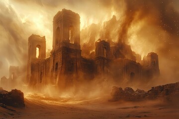Fototapeta premium swirling sandstorm engulfs ancient desert ruins golden particles dancing in rays of sunlight ethereal dust clouds create ghostly shapes against a hazy sky blending reality and mirage