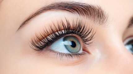 Fototapeta premium A woman with long eyelashes and a blue eye. The eye is open and the lashes are long