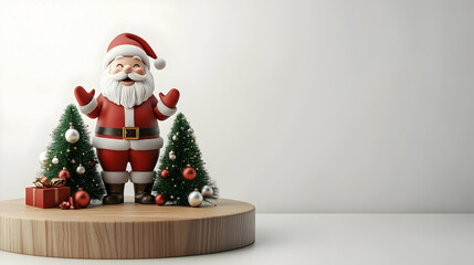 3D Santa Claus Beside Holiday Tree on Podium - Festive Vector Illustration with Ample Copy Space for Cheerful Messages on Isolated White Background