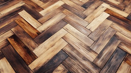 A close-up view of a wooden floor with a herringbone pattern showcasing various shades of brown.