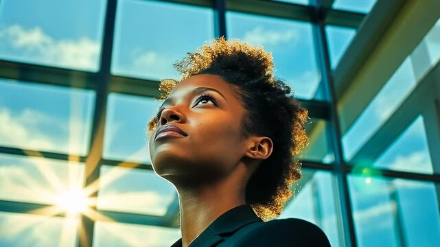 A young African American woman in a business suit gazes confidently out of a sunlit window in a modern office. The sunlight illuminates her face, reflecting a determined mood on a bright afternoon.