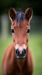 Fototapeta premium A small horse happily munching on grass, its ears perked and eyes gleaming with the joy of life in the countryside.