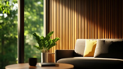 Modern living room with wooden wall paneling, sunlight, cozy sofa with yellow pillow, plant, and coffee table.