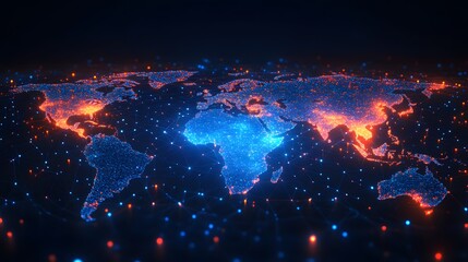 World map with global network analysis, emphasizing connectivity, data flow, and international communications
