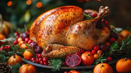 A perfectly roasted Thanksgiving turkey is surrounded by a colorful, festive arrangement of fresh vegetables, fruits, and herbs on a beautifully decorated table