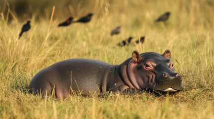 Adorable Baby Pygmy Hippopotamus Relaxing in Tall Grass with Birds in Soft Afternoon Light