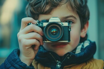 Young Boy Exploring Photography with Digital in Outdoor Setting
