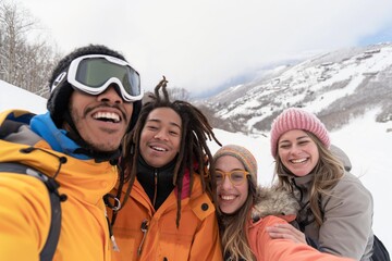 A group of friends is having a fantastic winter vacation on a snowy mountain, enjoying skiing, snowboarding, and leisure activities, creating joyful memories together in the beautiful landscape