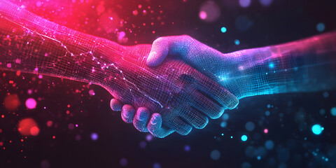 wireframe handshake against a dark blue background