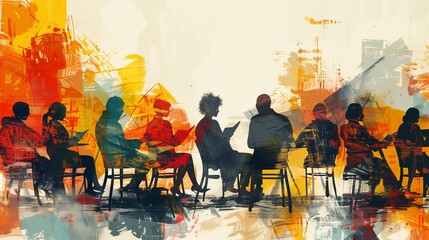 A group gathers around a table for a literary meeting, sharing ideas and books in a warmly lit atmosphere