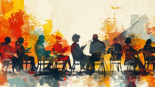 A group gathers around a table for a literary meeting, sharing ideas and books in a warmly lit atmosphere