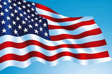 Fototapeta premium Waving American flag on a clear blue sky background.