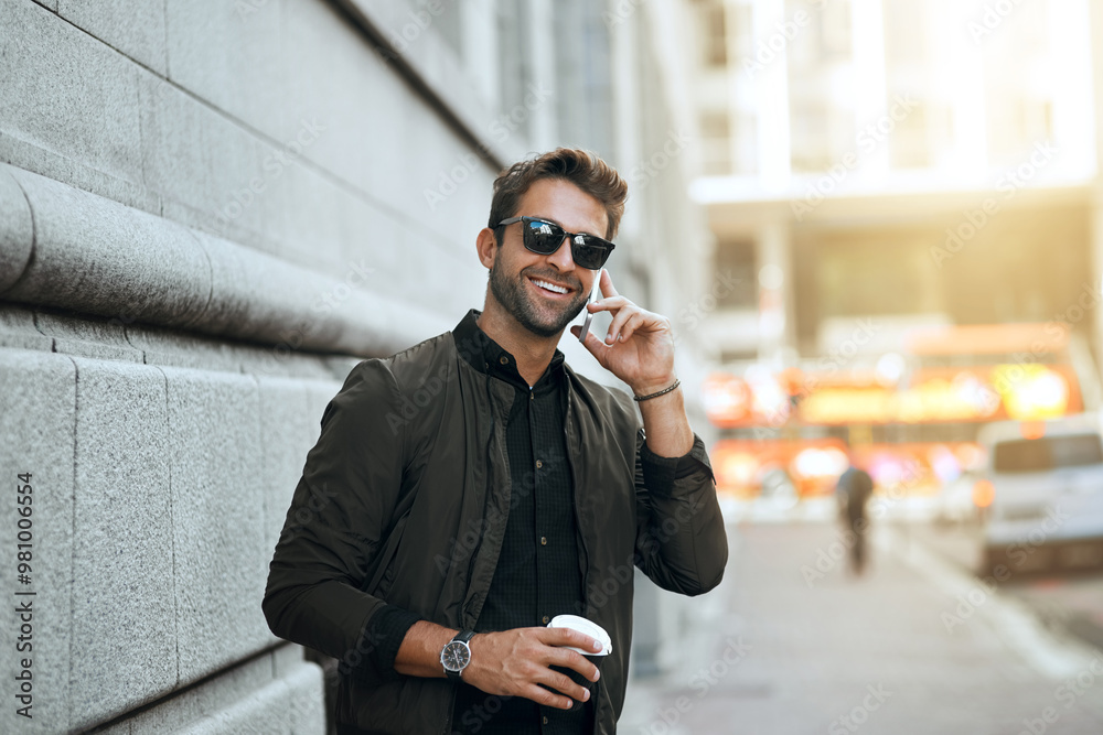 Poster man, happy and phone call with sunglasses in city for communication, morning commute and waiting for