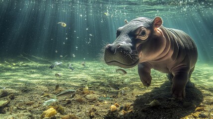 Playful Baby Pygmy Hippopotamus in Clear River Water Chasing Small Fish Under Sun Rays