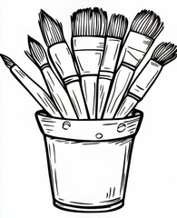 Artistic tools: a variety of paintbrushes in a metal pot.