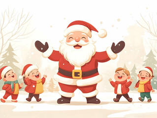 Joyful Flat Santa Interacting with Children in Soft Focus - Festive Bokeh Background, Capturing Excitement and Warmth in Vector Illustration