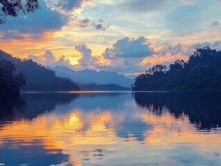 Naklejka premium Lake sunset with trees