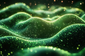 undulating 3d green wave comprised of glowing data points creating a dynamic techno landscape against a dark background