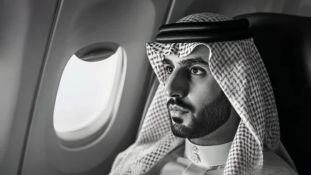 A thoughtful young Middle Eastern man in traditional white attire and a keffiyeh gazes out an airplane window during the day. The setting is serene and reflective, emphasizing introspection.