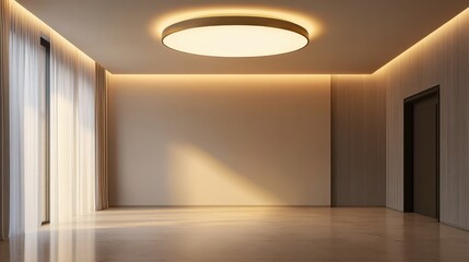 Cylindrical ceiling lamp, minimal room design, 3D illustration