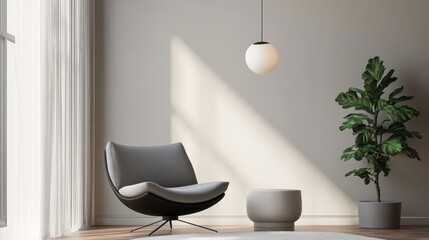 Orb-shaped pendant light, minimalist living area, 3D illustration
