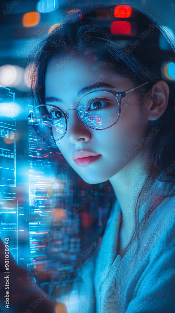 Poster young female programmer is using advanced transparent display technology and augmented reality to wo