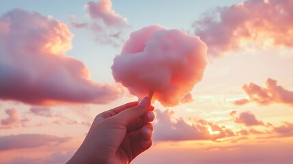 
hand holding a piece of cotton candy on a sunset pink sky background to make it look like it is one of the clouds