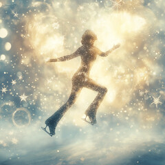 Naklejka premium Surreal digital art of ice skater dancing with swirling snowflakes, dreamy winter landscape