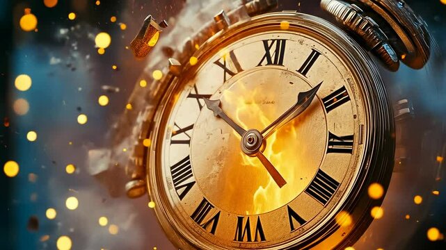 An antique clock dramatically explodes amidst fiery debris and sparks, suspended in mid-air. The clock's intricate details are highlighted as it's engulfed in flames and chaos.